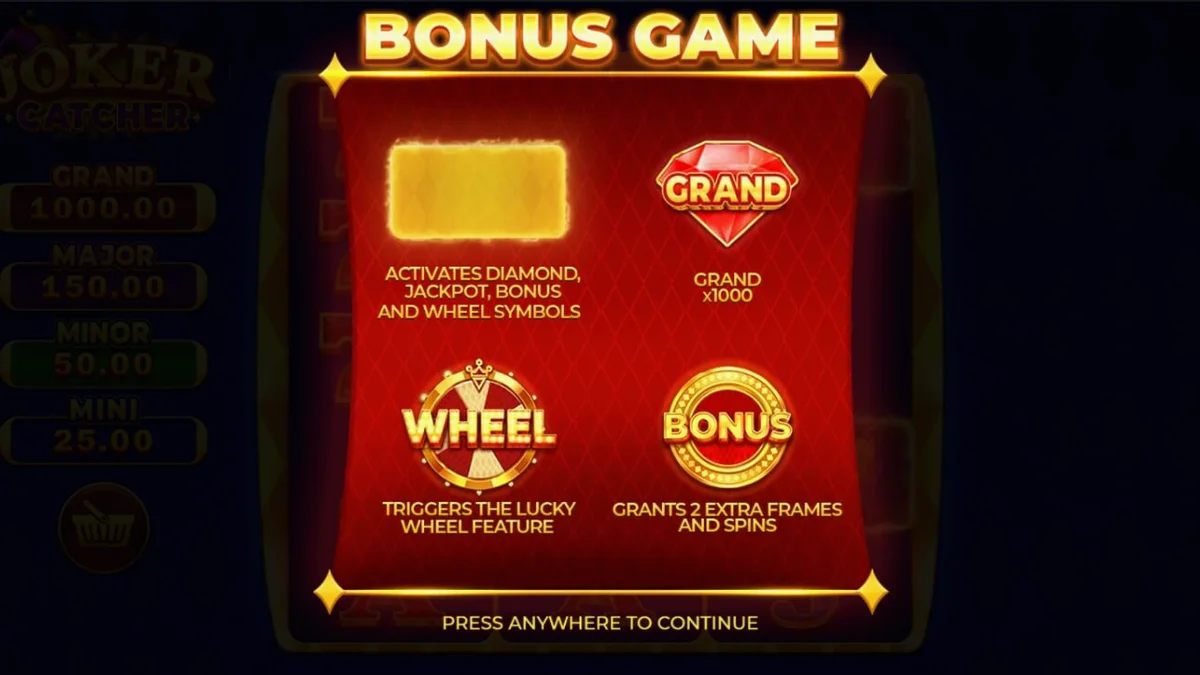 Tampilan layar permainan slot Joker Catcher dengan simbol klasik dan fitur Catch Frames.