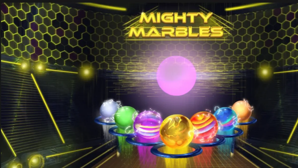 Tampilan visual slot Mighty Marbles dengan tema neon kosmik dan grid 7x7